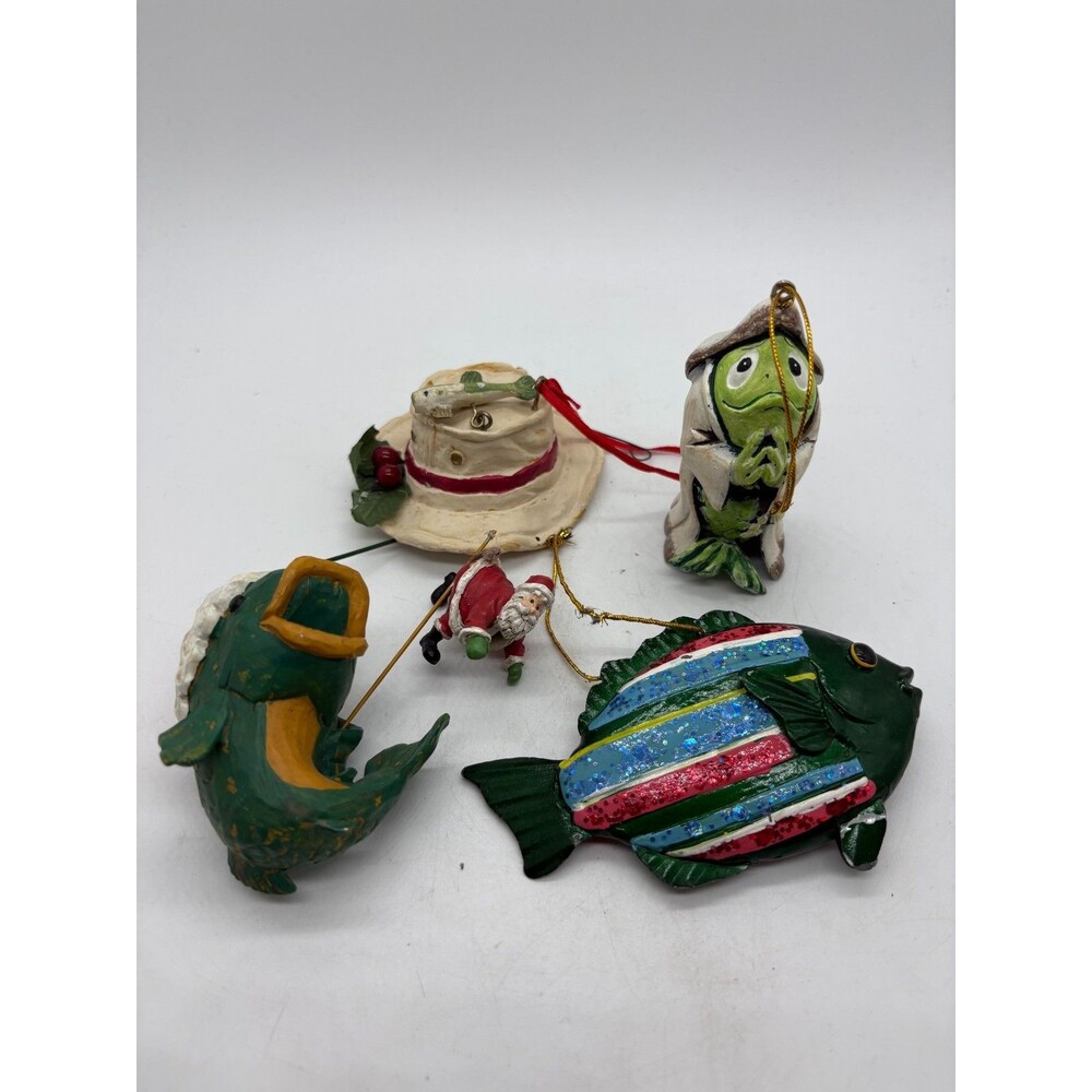 VINTAGE Fishing Theme Christmas Ornament Lot Frog Fish Santa Collectible Tree De